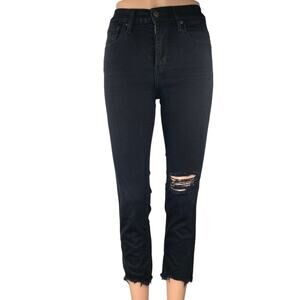 Levi's 724 High Rise Straight Crop Distressed Raw Hem Black Denim Jeans Size 25